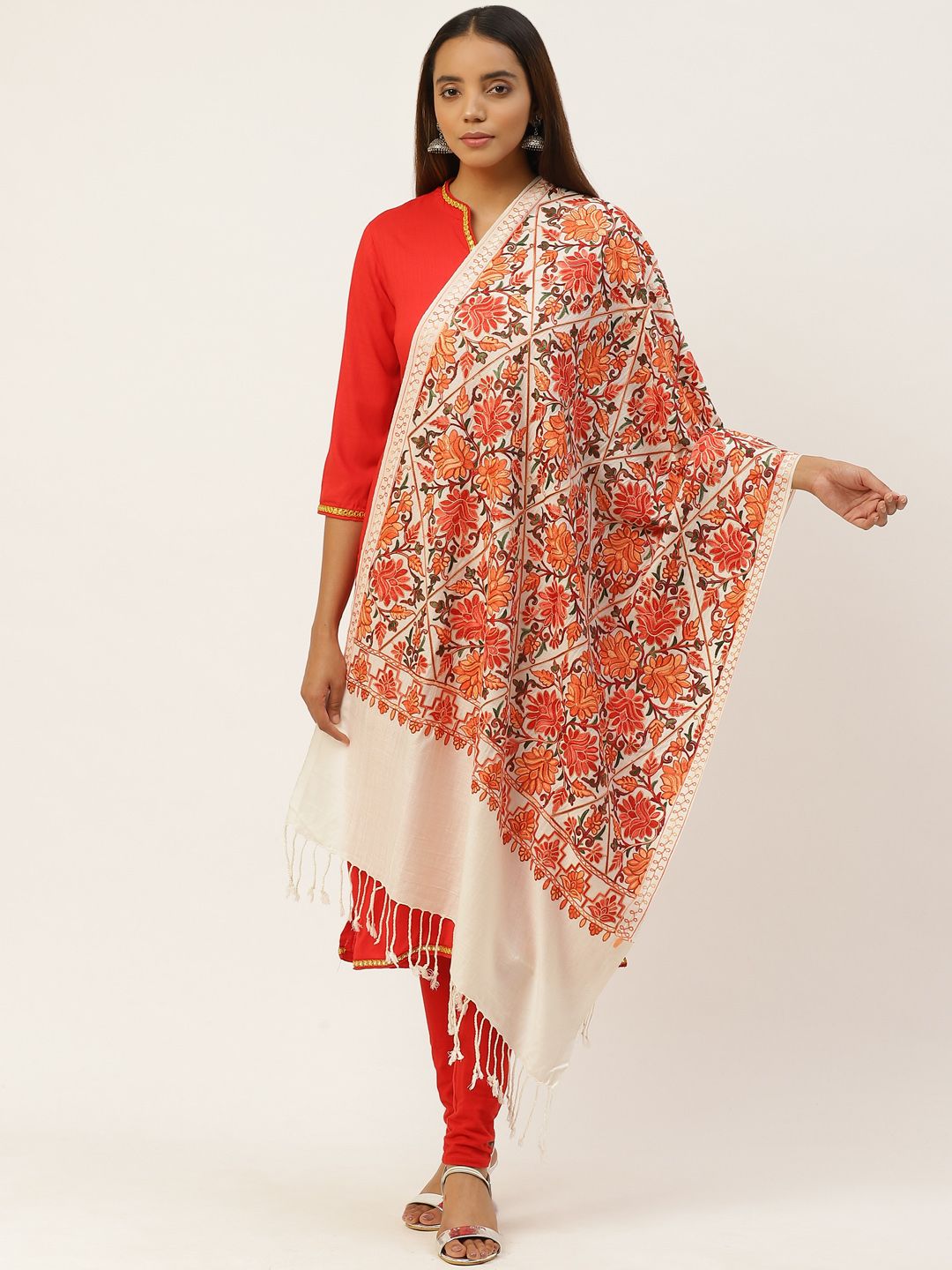 Anekaant Women Off-White & Orange Ethnic Motifs Embroidered Shawl Price in India