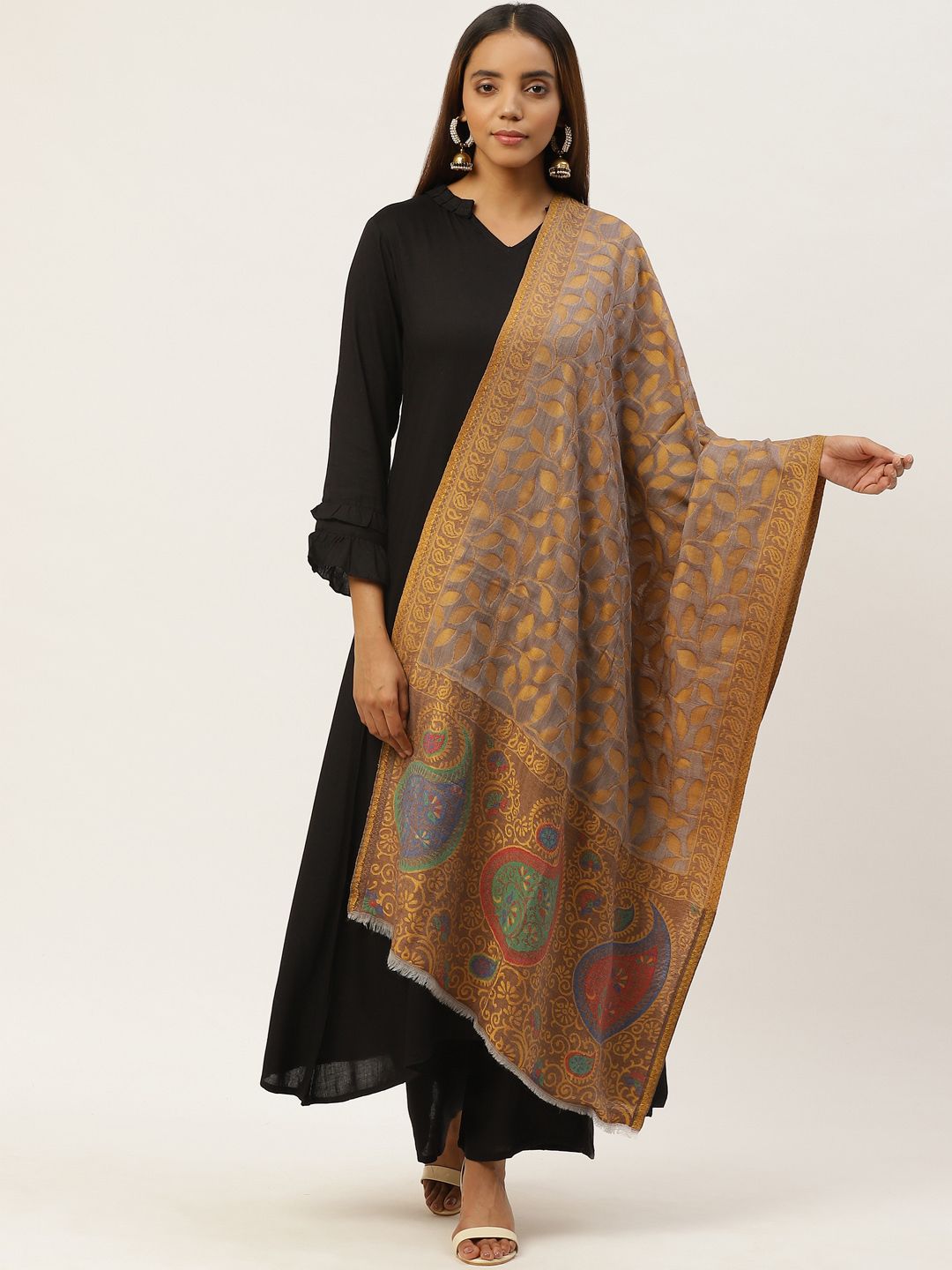 Anekaant Women Brown & Mustard Yellow Zari Ethnic Motifs Woven Design Woolen Stole Price in India