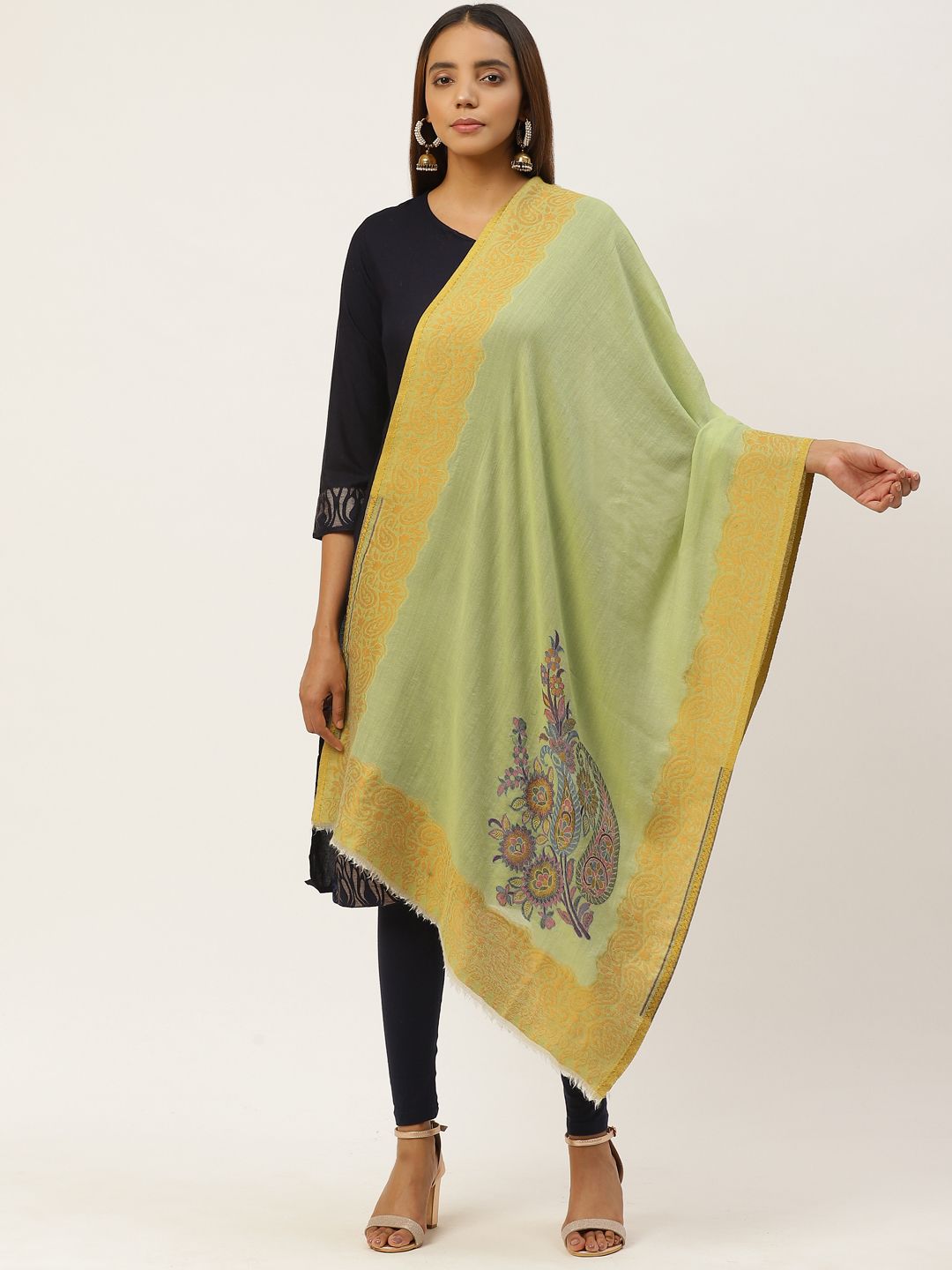 Anekaant Women Green & Golden Zari Ethnic Motifs Woven Woolen Stole Price in India