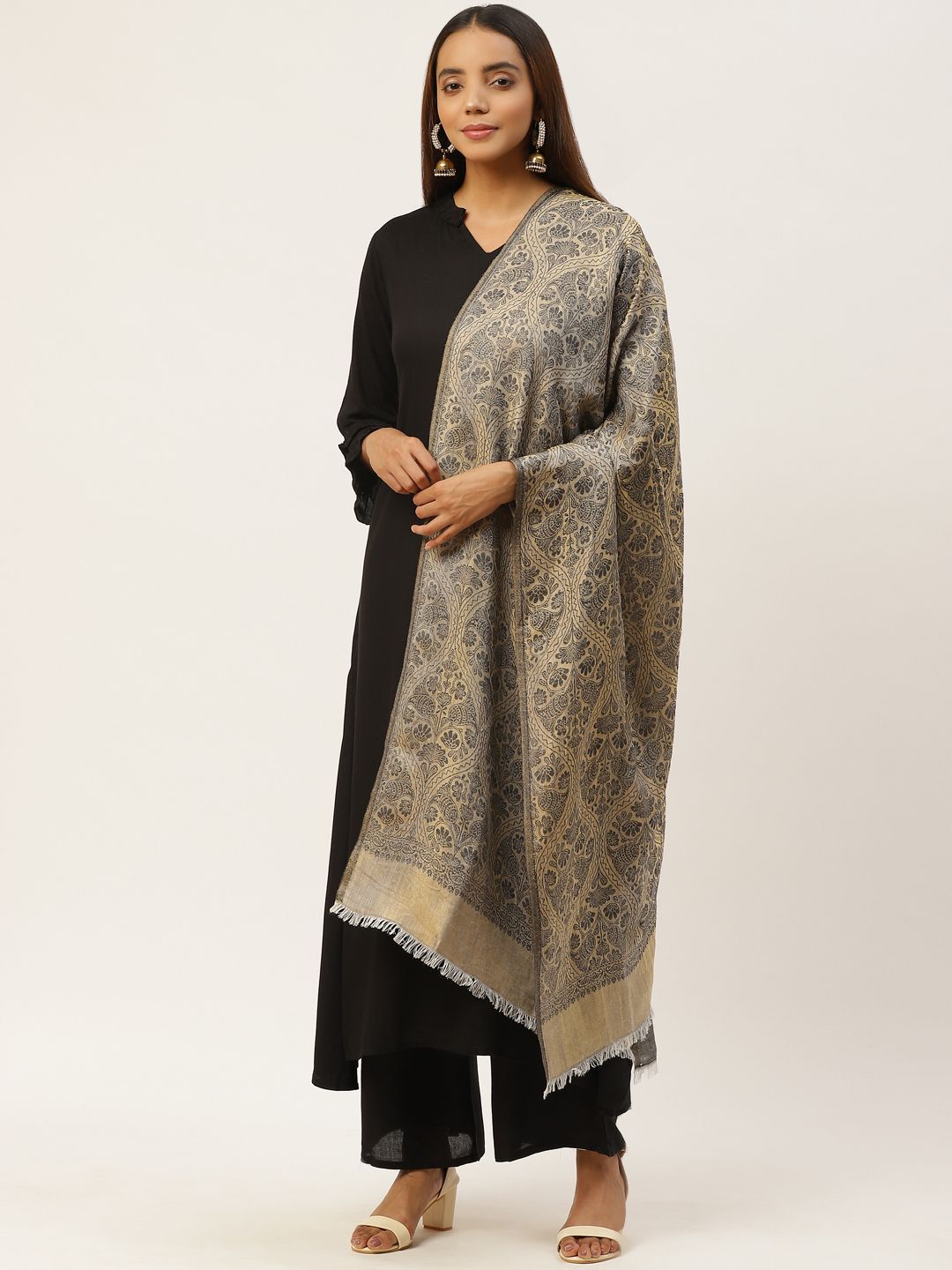 Anekaant Women Beige & Charcoal Grey Zari Ethnic Motifs Woven Design Stole Price in India