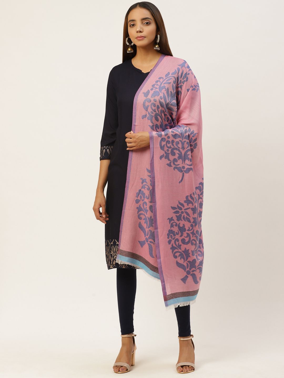 Anekaant Women Pink & Blue Ethnic Motifs Woven Design Woolen Jacquard Weave Stole Price in India