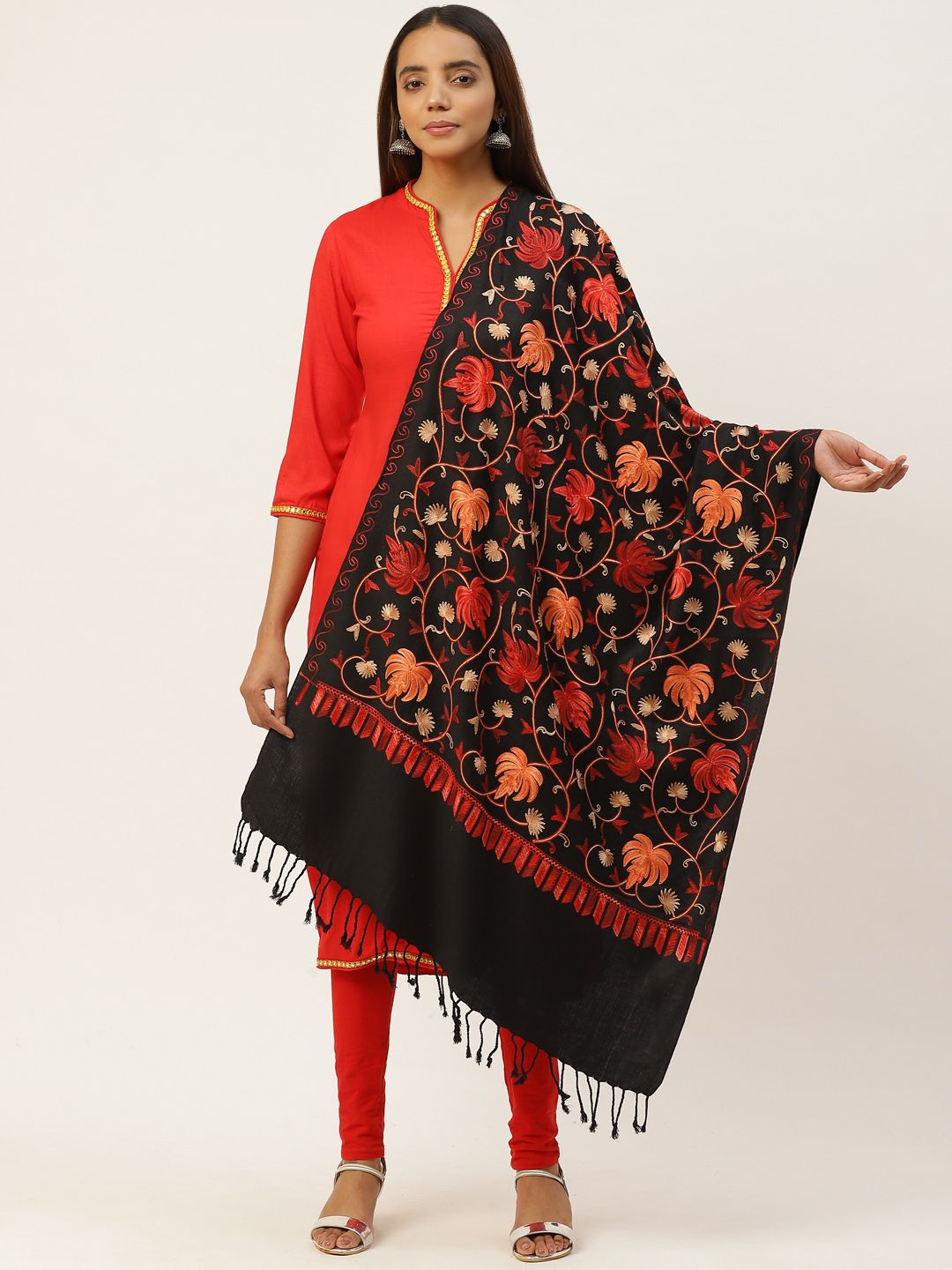 Anekaant Women Black & Red Ethnic Motifs Embroidered Shawl Price in India