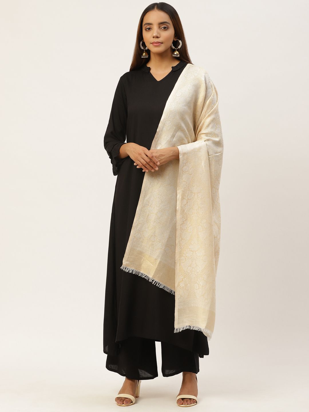 Anekaant Women Cream-Coloured & White Zari Ethnic Motifs Woven Design Shawl Price in India