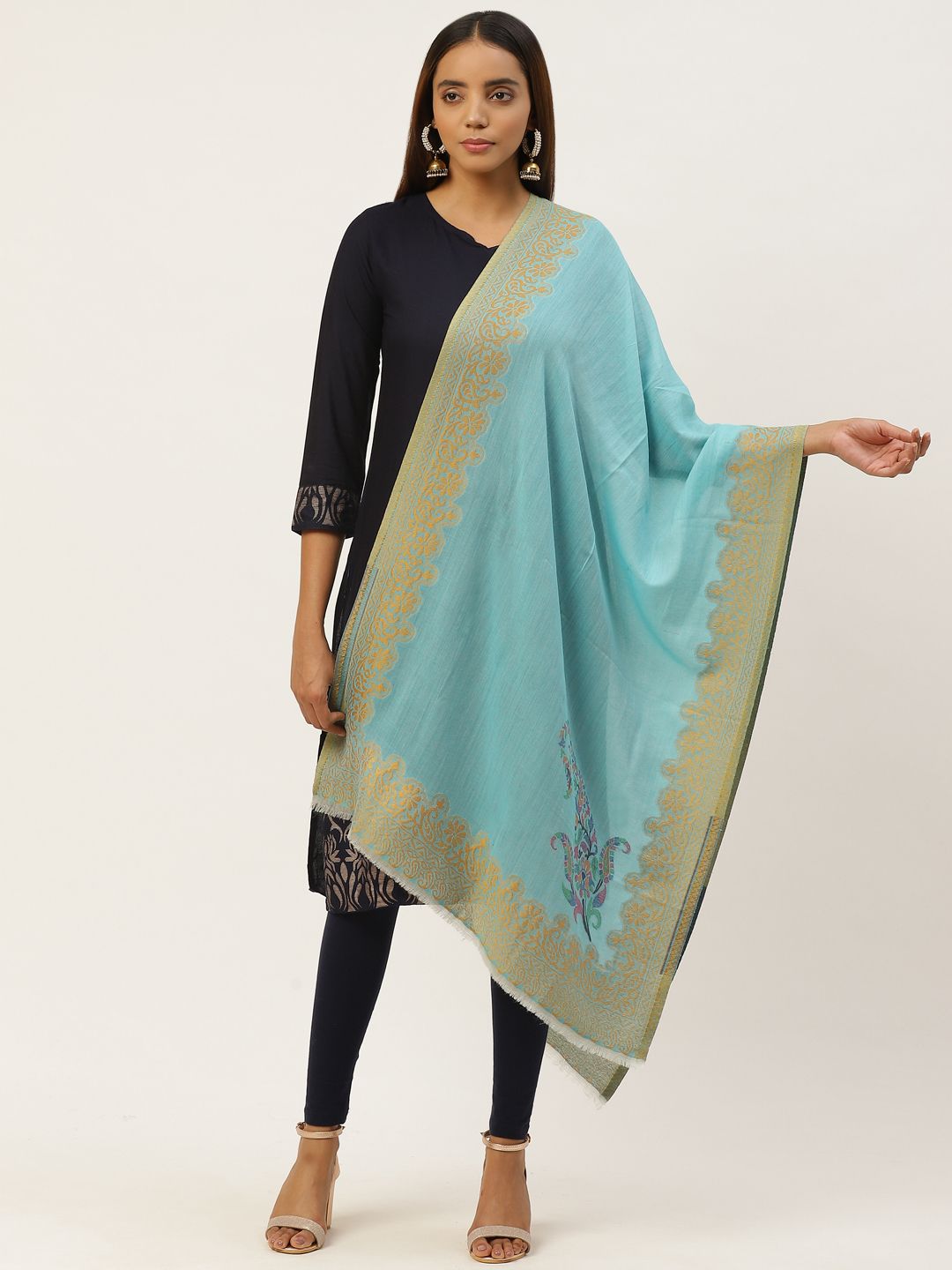 Anekaant Women Blue & Golden Zari Ethnic Motifs Woven Woolen Shawl Price in India