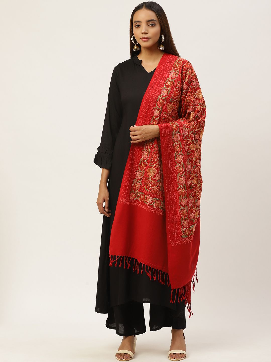 Anekaant Women Red & Beige Ethnic Motifs Embroidered Shawl Price in India