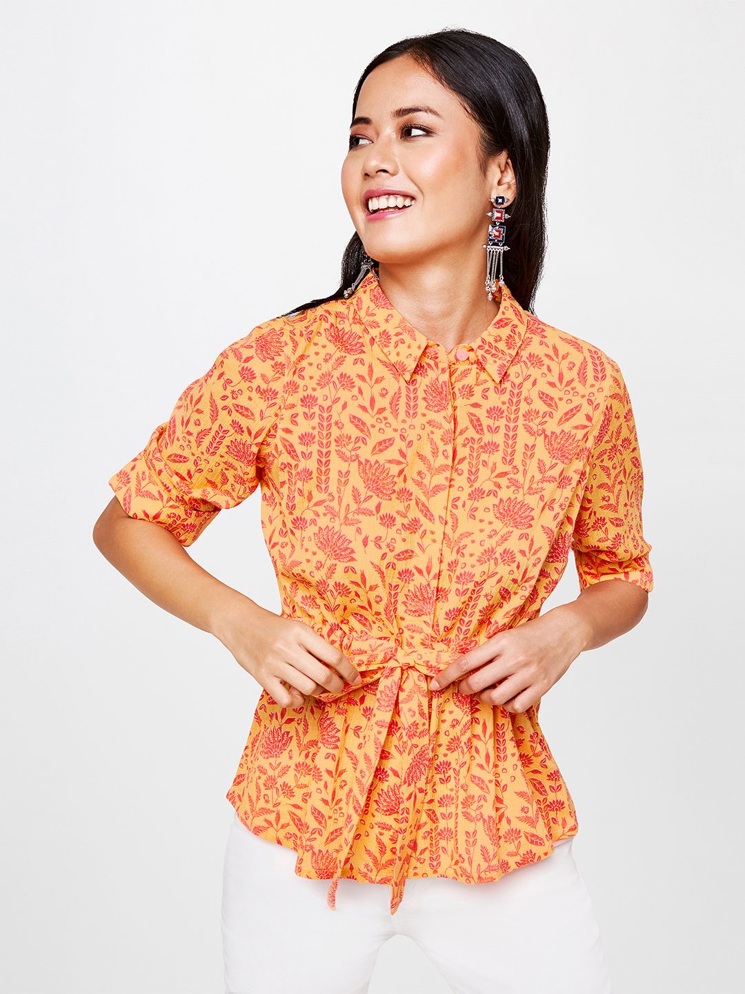 Global Desi Women Mustard Yellow & Peach-Coloured Floral Printed Cinched Waist Pure Cotton Top
