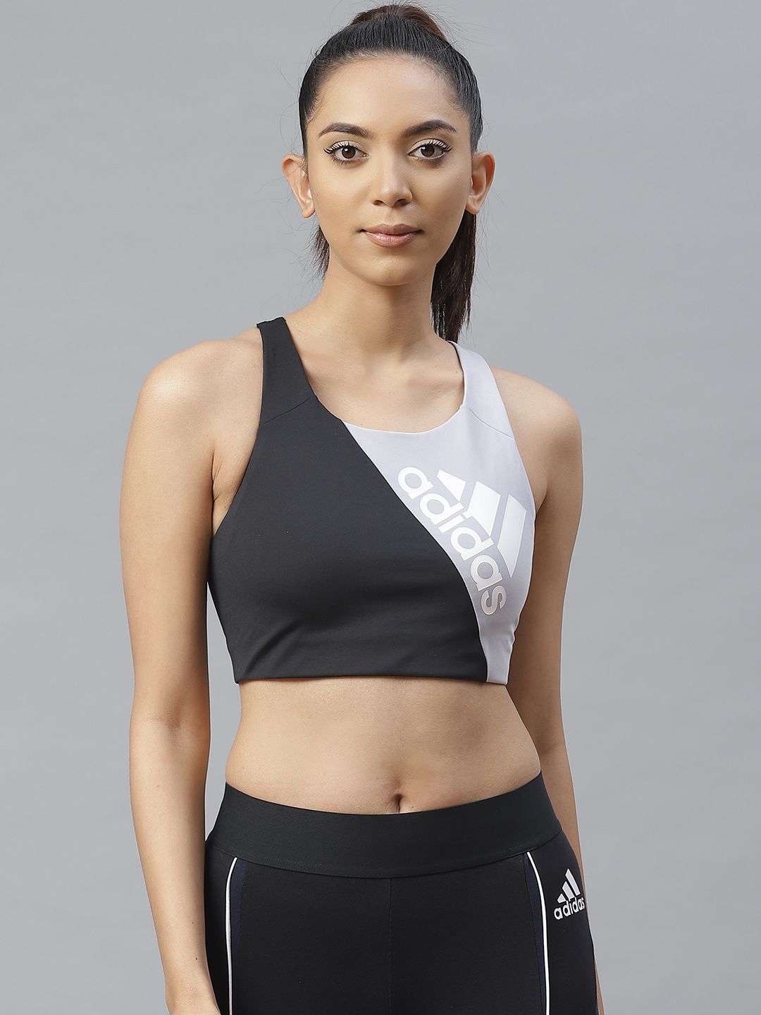 ADIDAS Women Black and Grey Printed Ultimate Alphaskin Badge Training Bra FT3135 Price in India