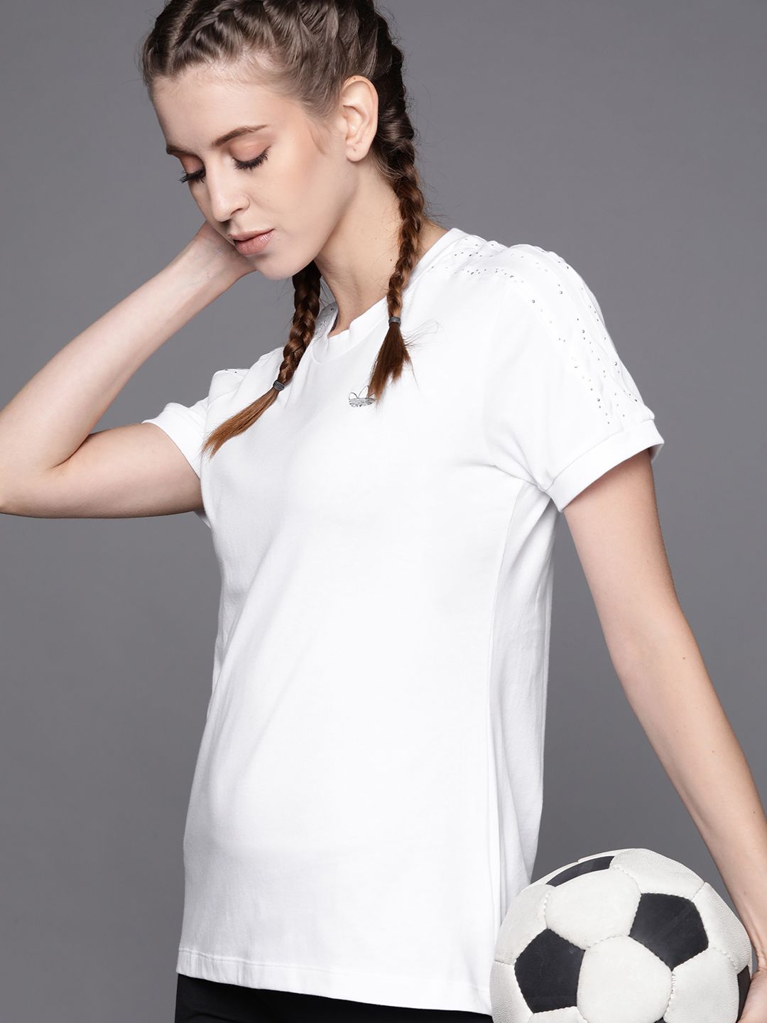 ADIDAS Women White BB Pure Cotton Solid Pure Cotton Sustainable T-shirt Price in India