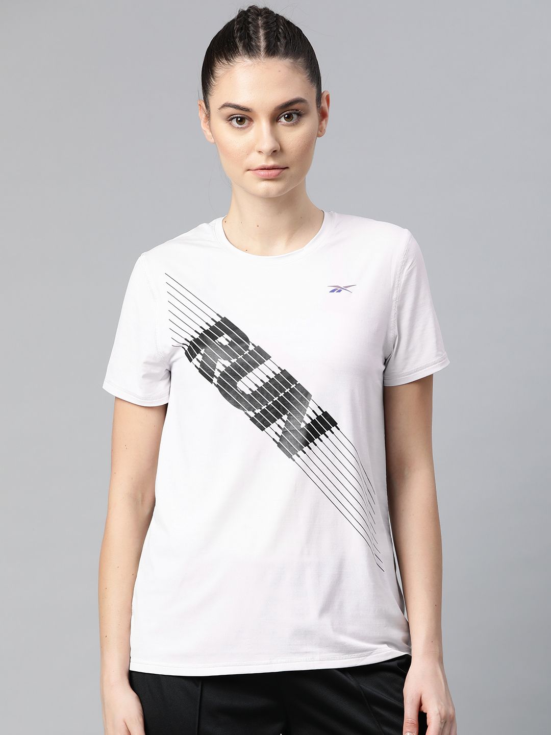 Reebok Women Off-White One Series SS Activchill Slim Fit Printed Running T-Shirt Price in India