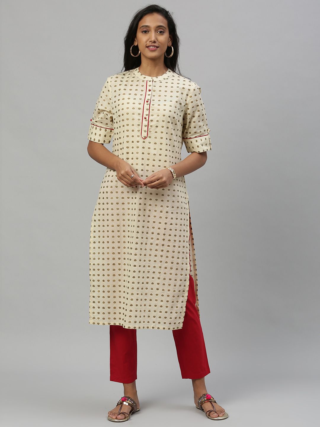 Anouk Women Beige & Orange Printed Kurta with Trousers