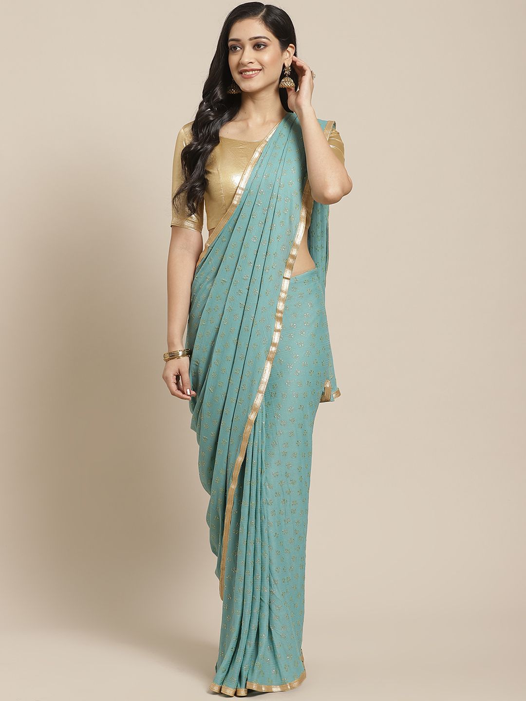 Saree mall Blue & Golden Quirky Print Saree Price in India