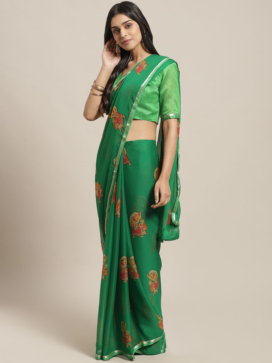 Saree mall Green & Red Printed Saree Price in India