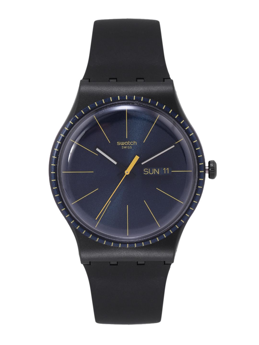 Swatch Unisex Navy Blue Swiss Black Rails Water Resistant Analogue Watch SUOB731 Price in India