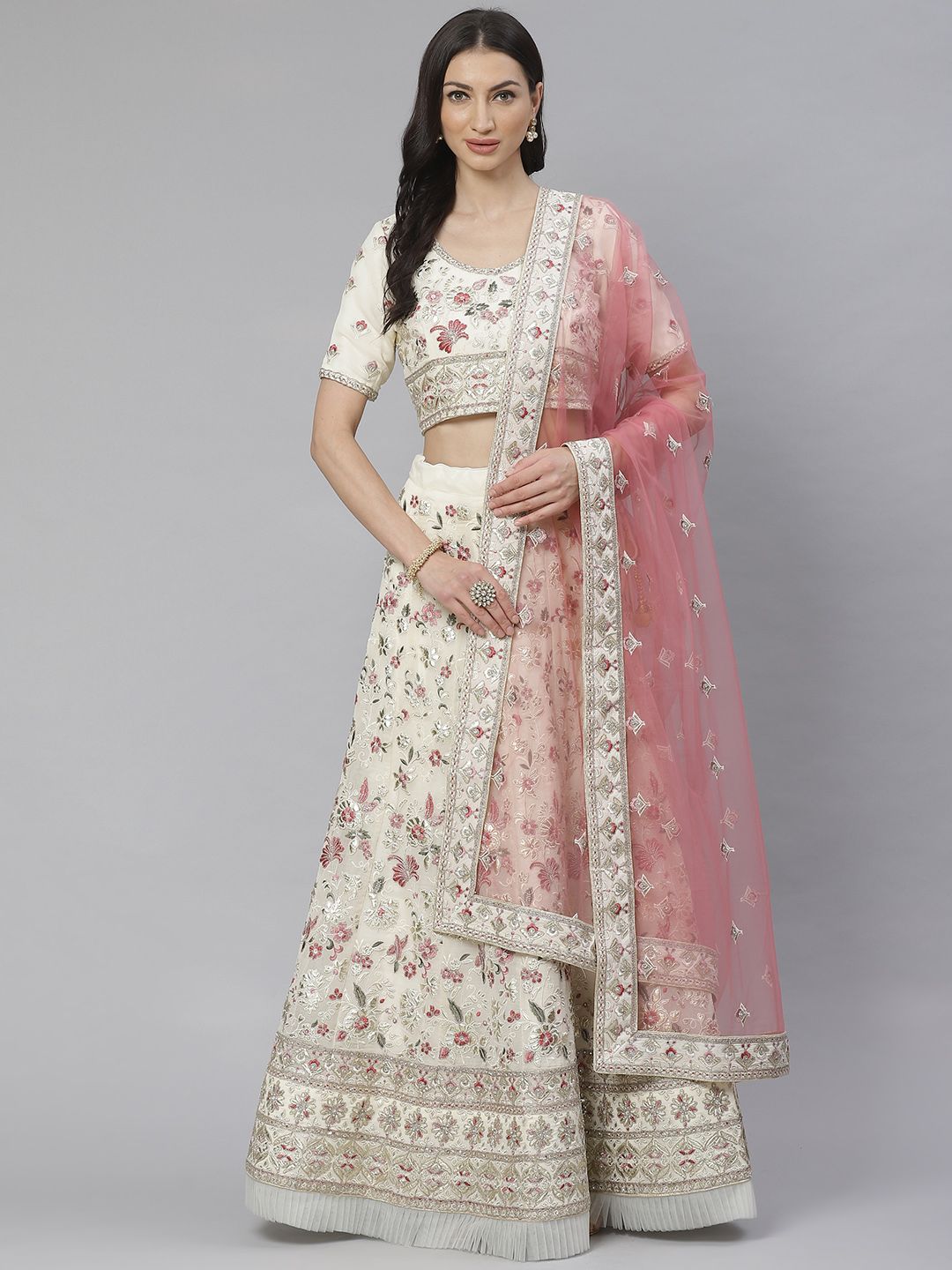 Readiprint Fashions Cream-Coloured & Pink Embroidered Semi-Stitched Lehenga & Unstitched Blouse with Dupatta