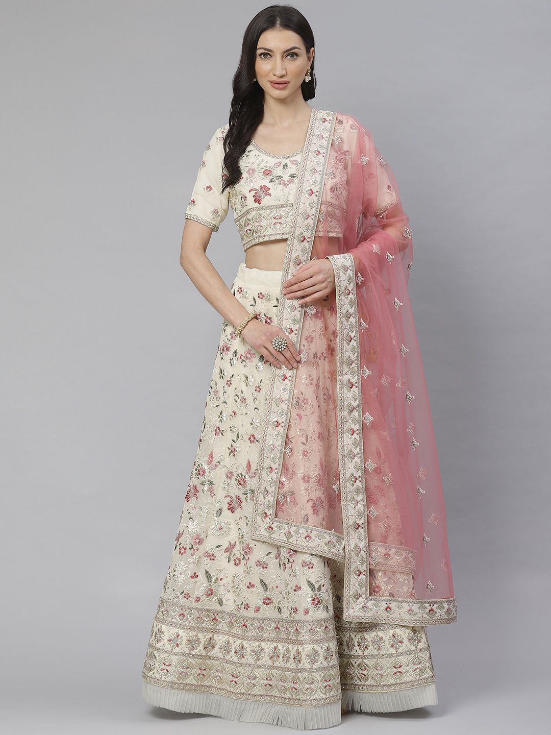 Readiprint Fashions Cream-Coloured & Pink Embroidered Semi-Stitched Lehenga & Unstitched Blouse with Dupatta Price in India