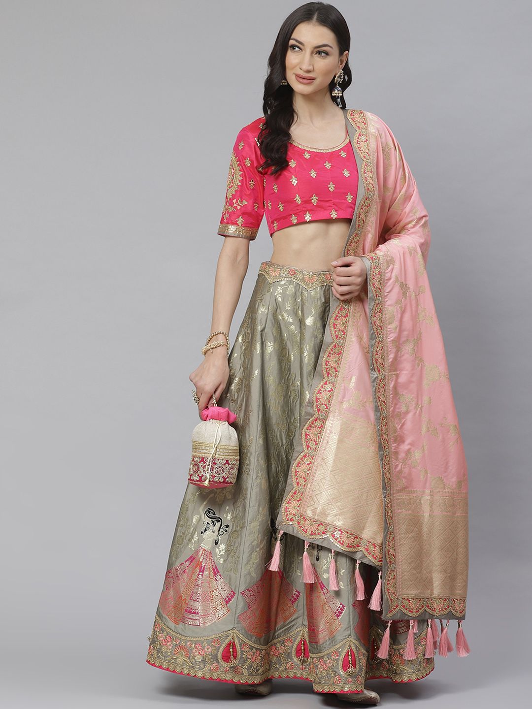 Readiprint Fashions Grey & Pink Embroidered Semi-Stitched Lehenga & Unstitched Blouse with Dupatta