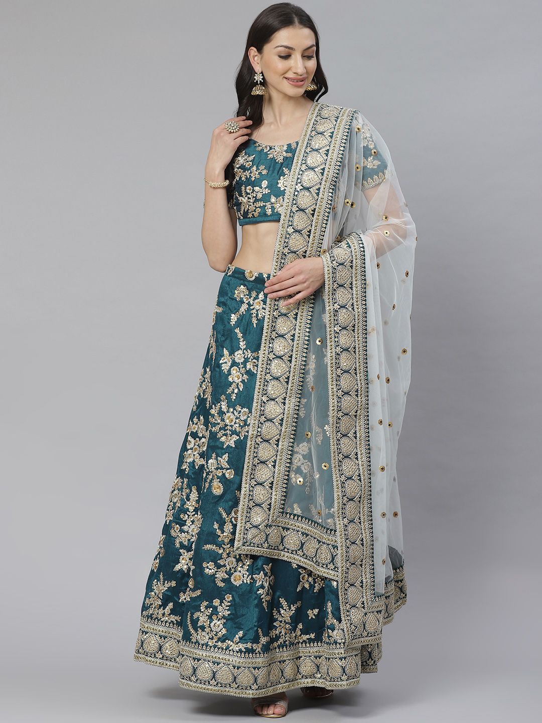 Readiprint Fashions Blue & Gold-Toned Embroidered Semi-Stitched Lehenga & Unstitched Blouse with Dupatta Price in India