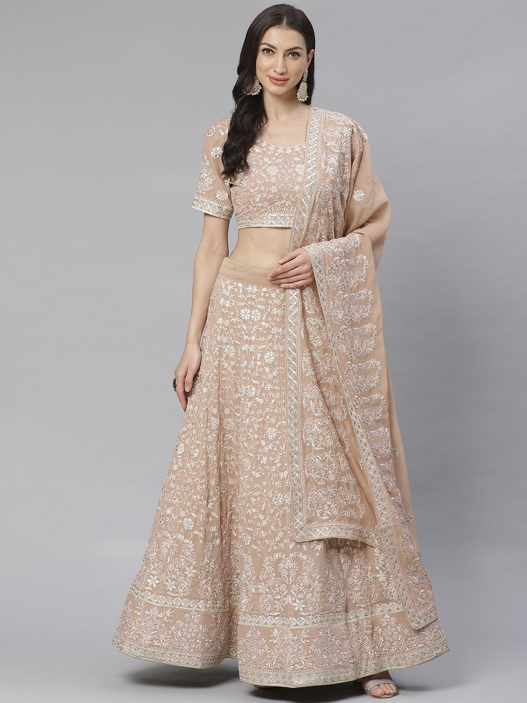 Readiprint Fashions Beige & White Embroidered Semi-Stitched Lehenga & Unstitched Blouse with Dupatta Price in India