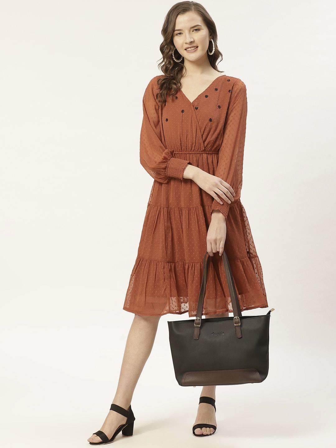 Antheaa Rust Orange Dobby Weave Sequinned Tiered Wrap Dress Price in India