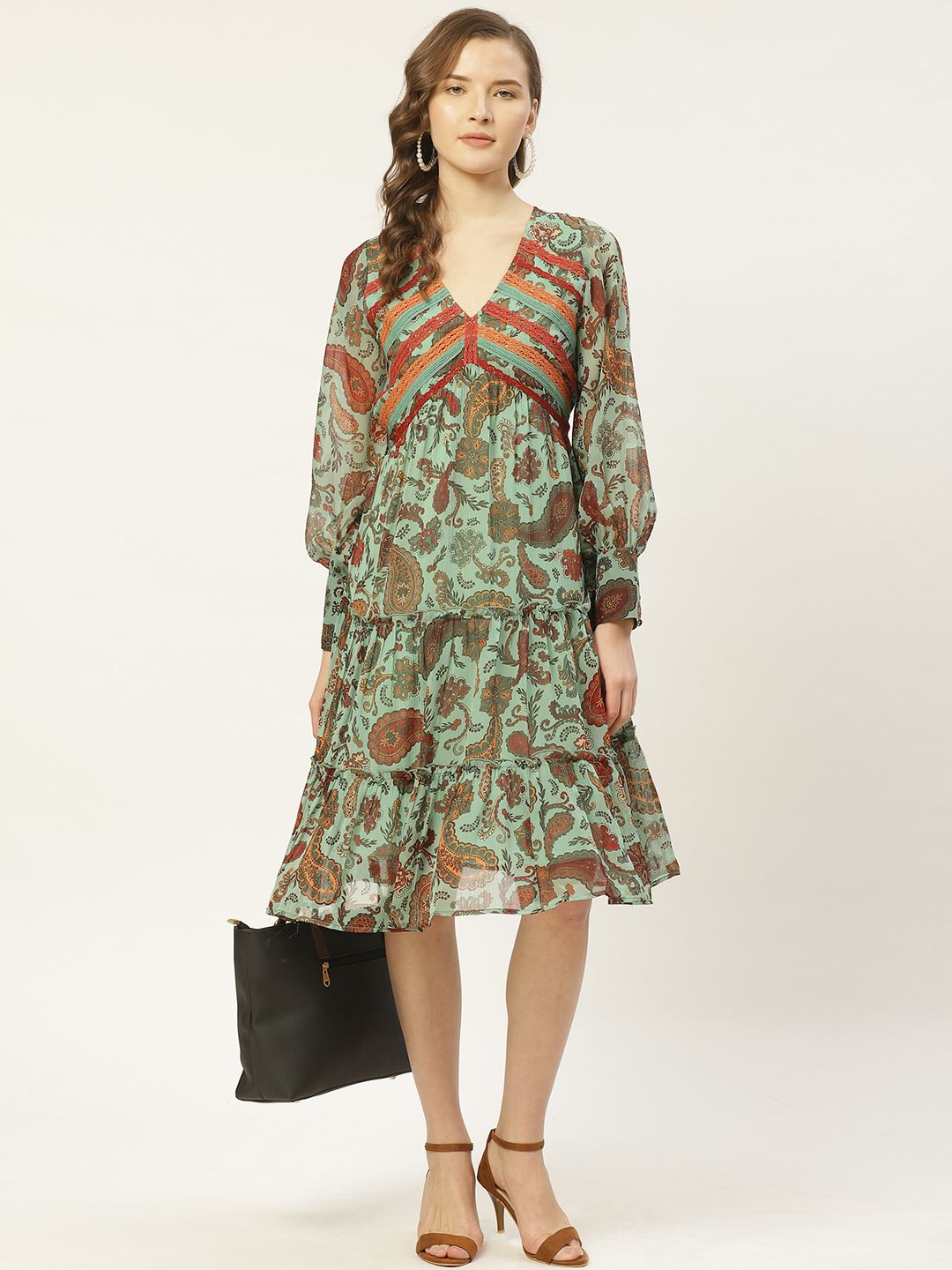 Antheaa Women Mint Green & Orange Paisley Print Tiered A-Line Dress with Lace Inserts Price in India