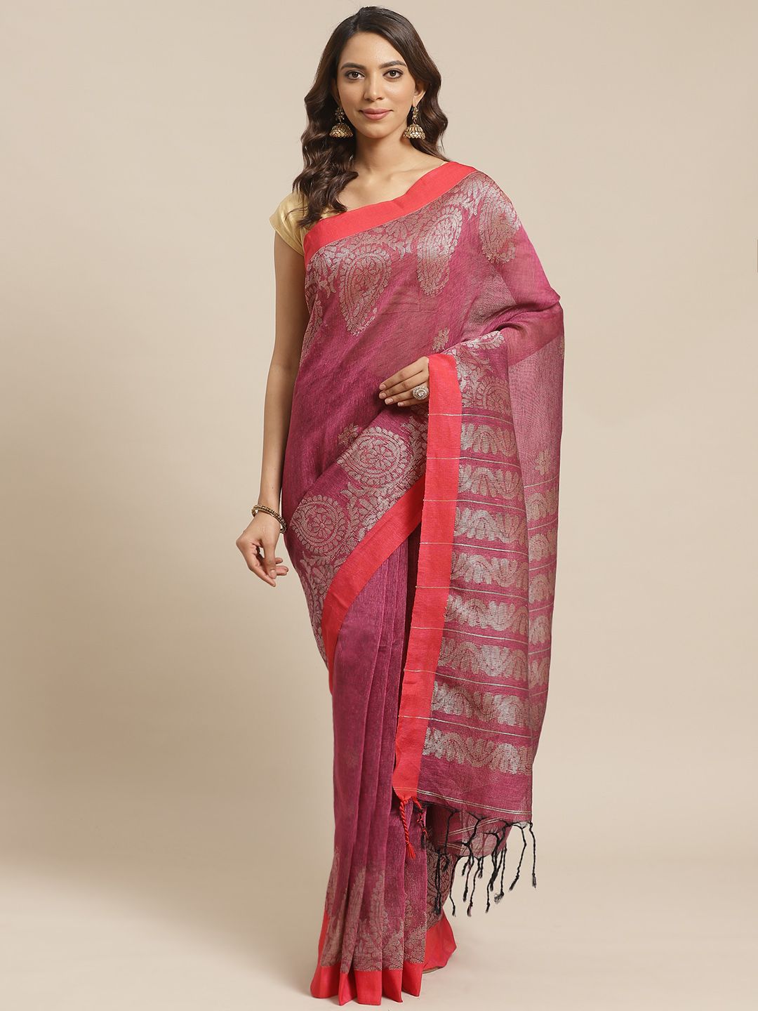 Laa Calcutta Purple & Silver Pure Linen Solid Handloom Jamdani Saree Price in India