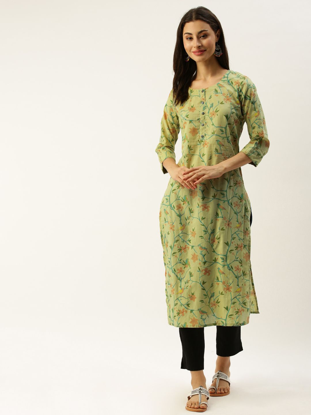 Rajnandini Women Olive Green & Blue Printed Straight Kurta