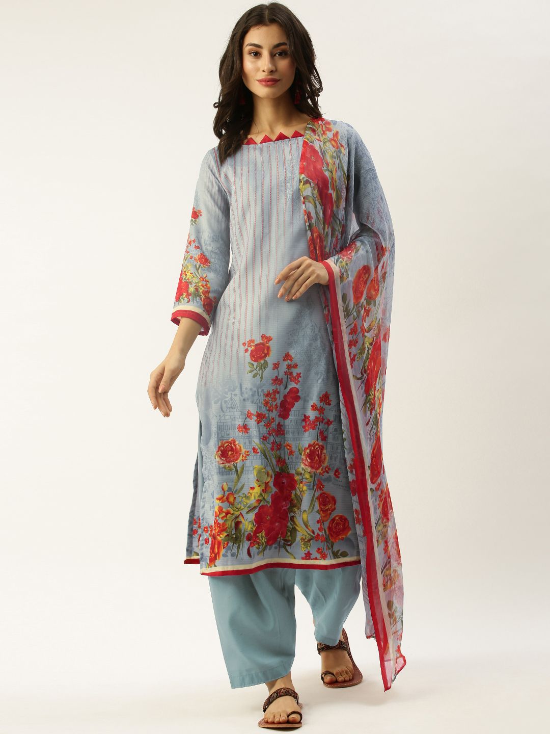 Rajnandini Grey & Red Cotton Blend Unstitched Dress Material Price in India