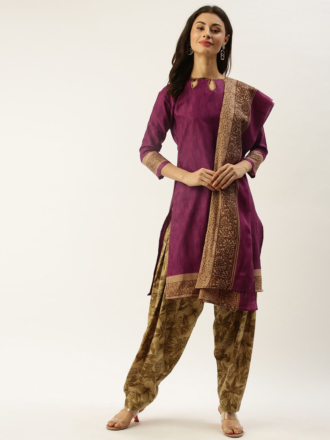 Rajnandini Burgundy & Beige Cotton Blend Unstitched Dress Material Price in India