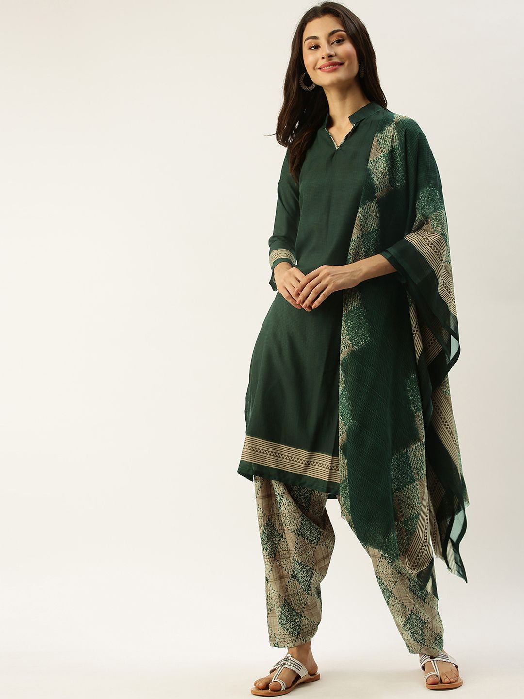 Rajnandini Green & Beige Poly Crepe Unstitched Dress Material Price in India
