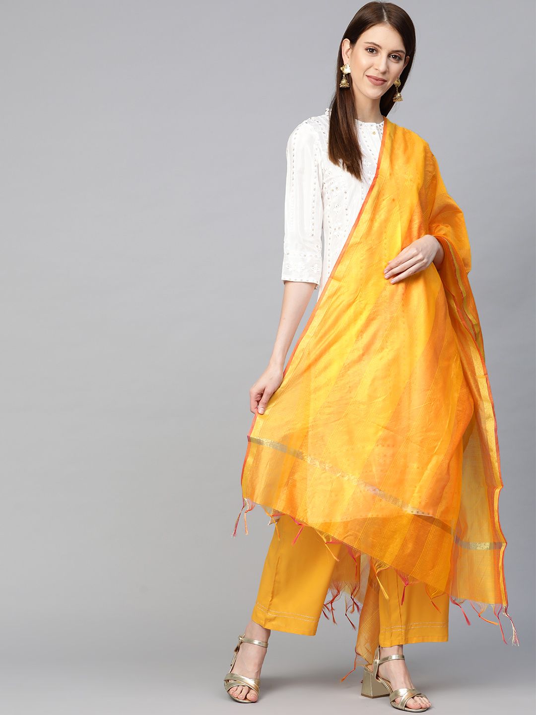 swatika Yellow Self-Striped Handloom Banarasi Dupatta