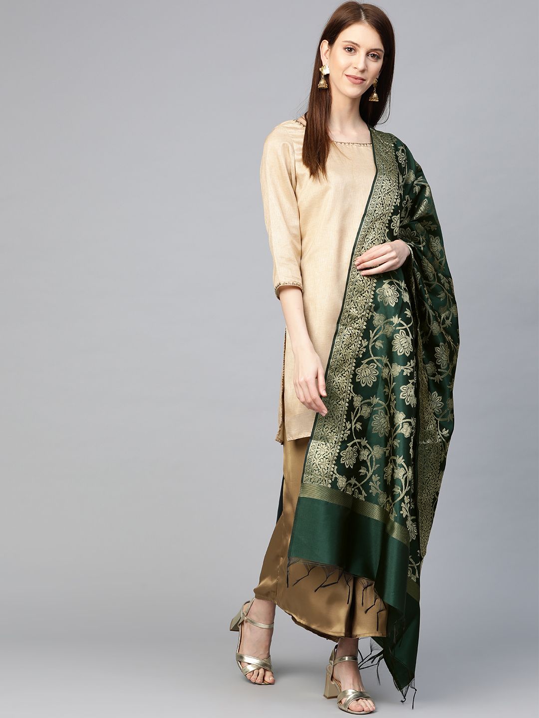 swatika Green & Golden Zari Woven Design Handloom Banarasi Dupatta Price in India