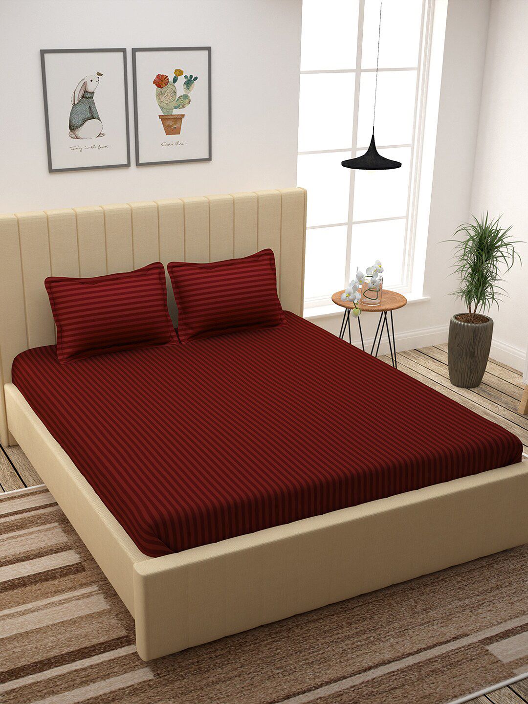 Story@home Red Self-Striped 300 TC Cotton 1  King Bedsheet with 2 Pillow Covers Price in India