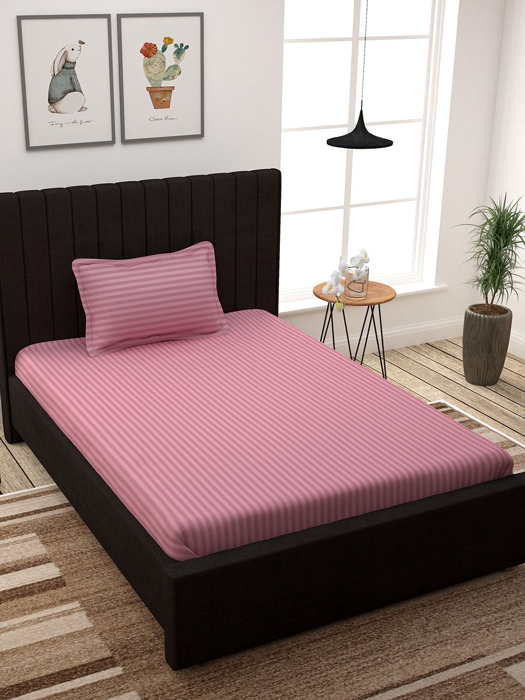 Story@home Pink Striped 300 TC Cotton 1 Single Bedsheet with 1 Pillow Covers Price in India