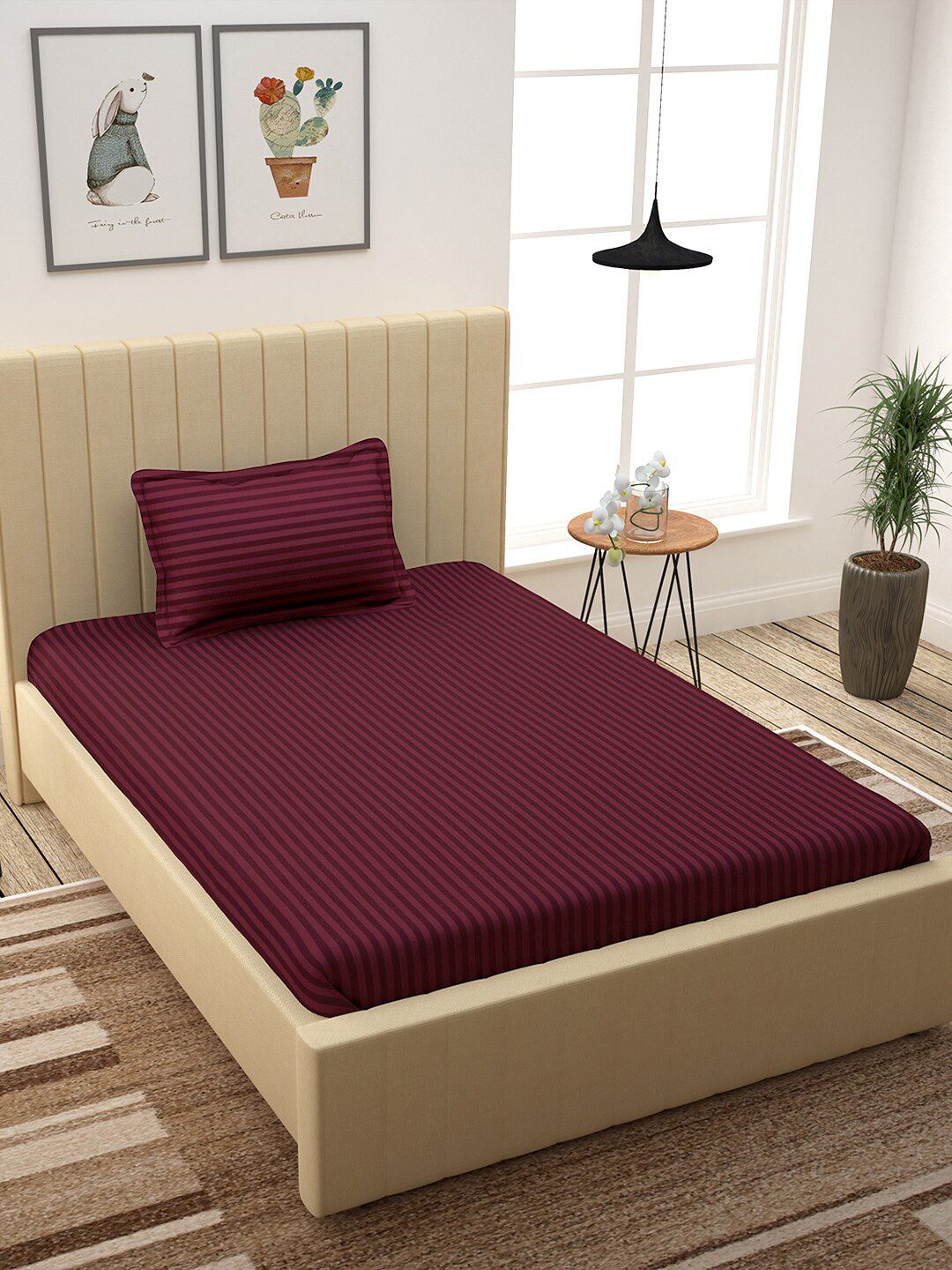 Story@home Maroon Striped 300 TC Cotton 1 Single Bedsheet with 1 Pillow Cover Price in India