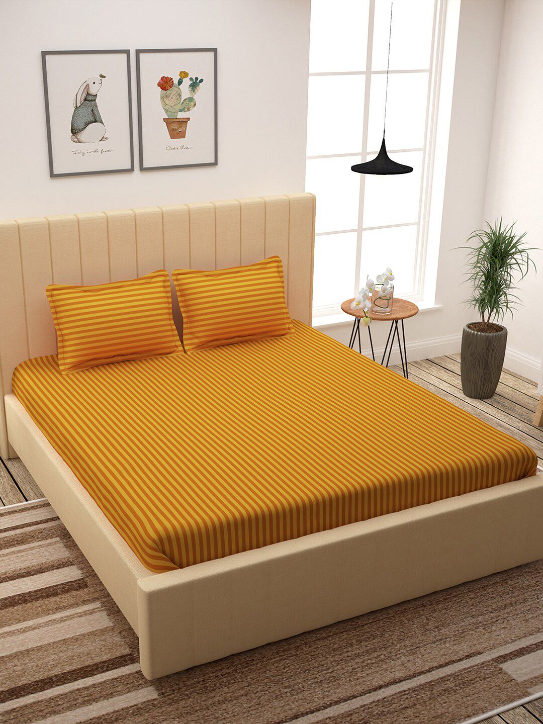 Story@home Mustard Yellow Self-Striped 300 TC Cotton 1 King Bedsheet with 2 Pillow Covers Price in India