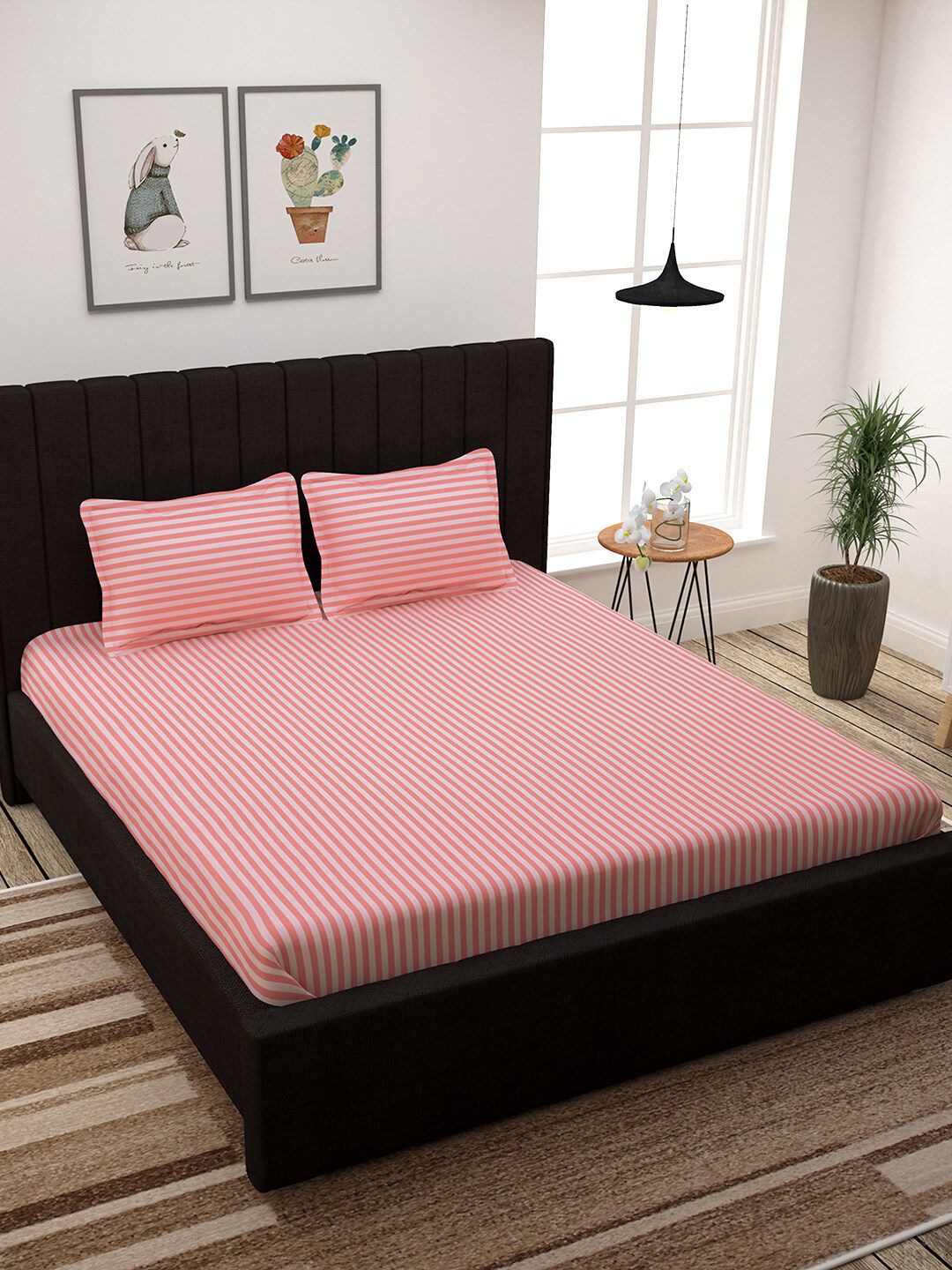 Story@home Pink & White Self-Striped 300 TC Cotton 1  King Bedsheet with 2 Pillow Covers Price in India
