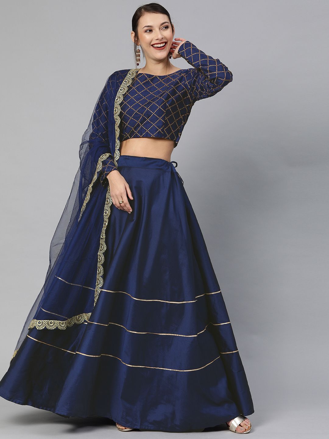 Mitera Navy Blue Embroidered Semi-Stitched Lehenga & Unstitched Blouse with Dupatta Price in India