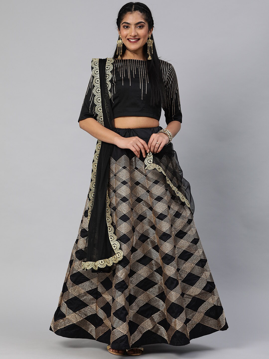 Mitera Black & Gold-Toned Semi-Stitched Lehenga & Unstitched Blouse with Dupatta Price in India