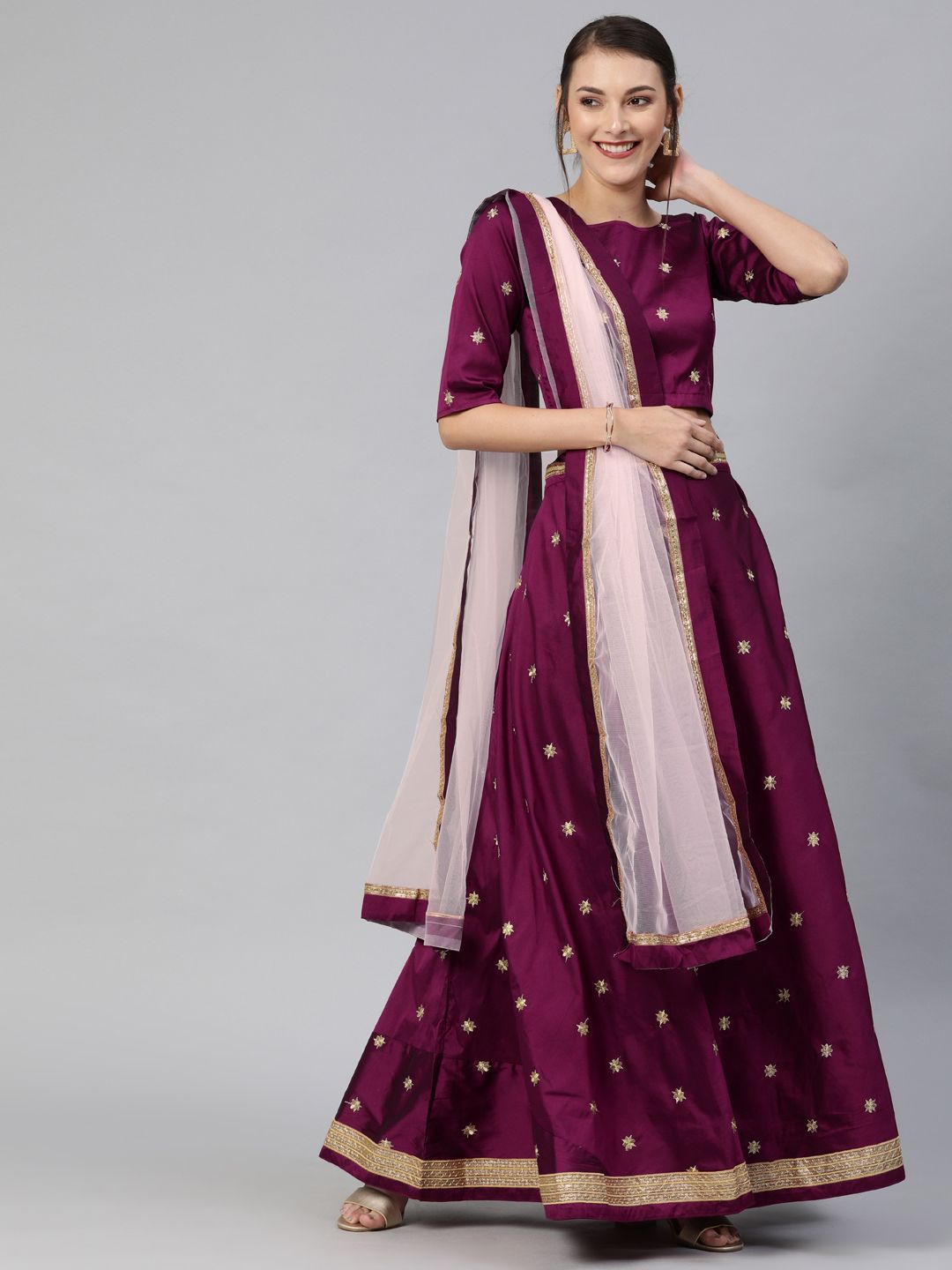 Mitera Purple & Gold-Toned Embroidered Semi-Stitched Lehenga & Unstitched Blouse with Dupatta Price in India