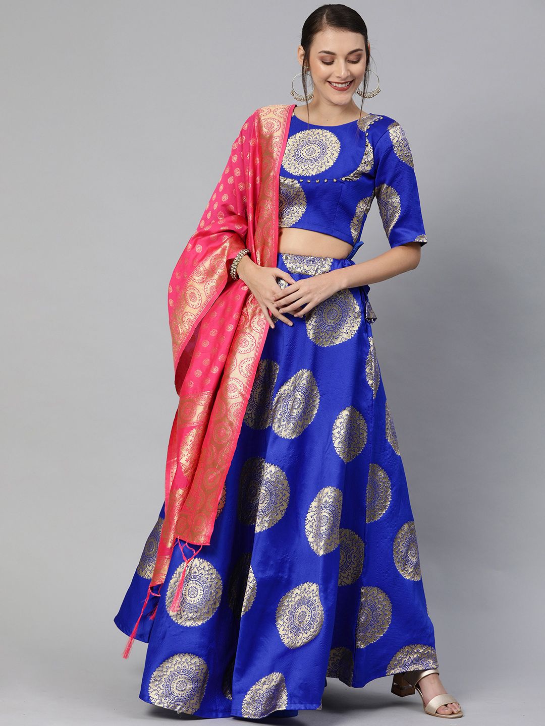 Mitera Blue & Gold-Toned Semi-Stitched Lehenga & Unstitched Blouse with Dupatta Price in India