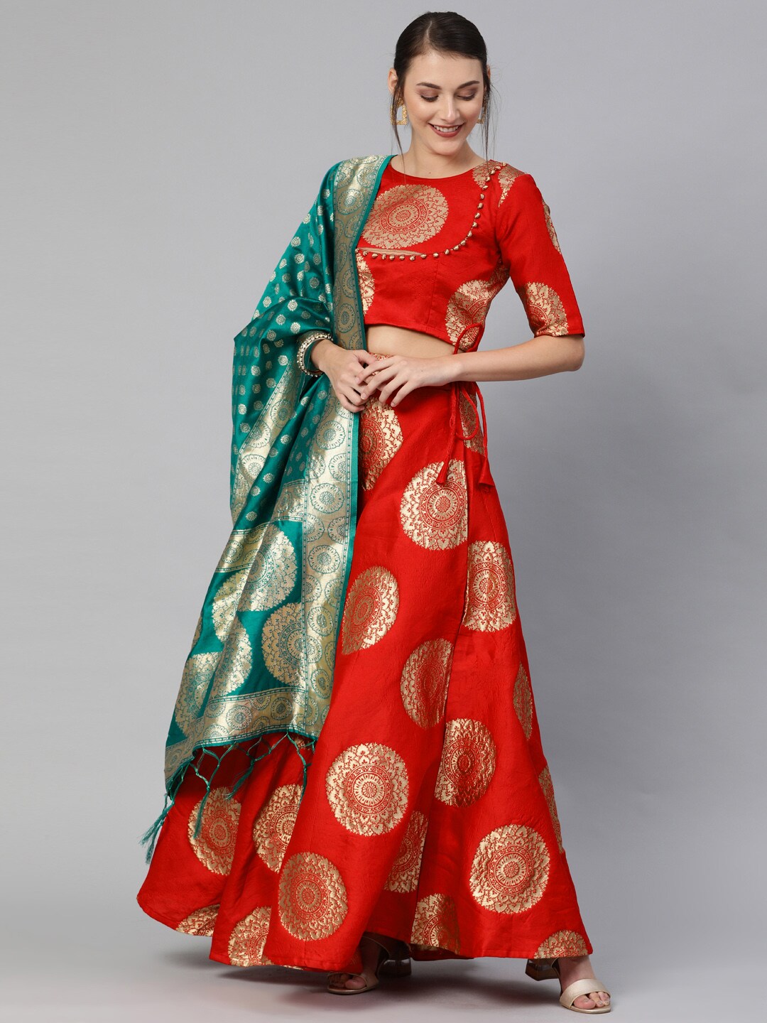 Mitera Red & Gold-Toned Woven Design Semi-Stitched Lehenga & Unstitched Blouse with Dupatta Price in India