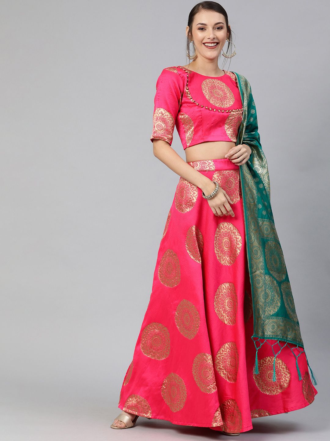 Mitera Coral Pink & Gold-Toned Semi-Stitched Lehenga & Unstitched Blouse with Dupatta Price in India