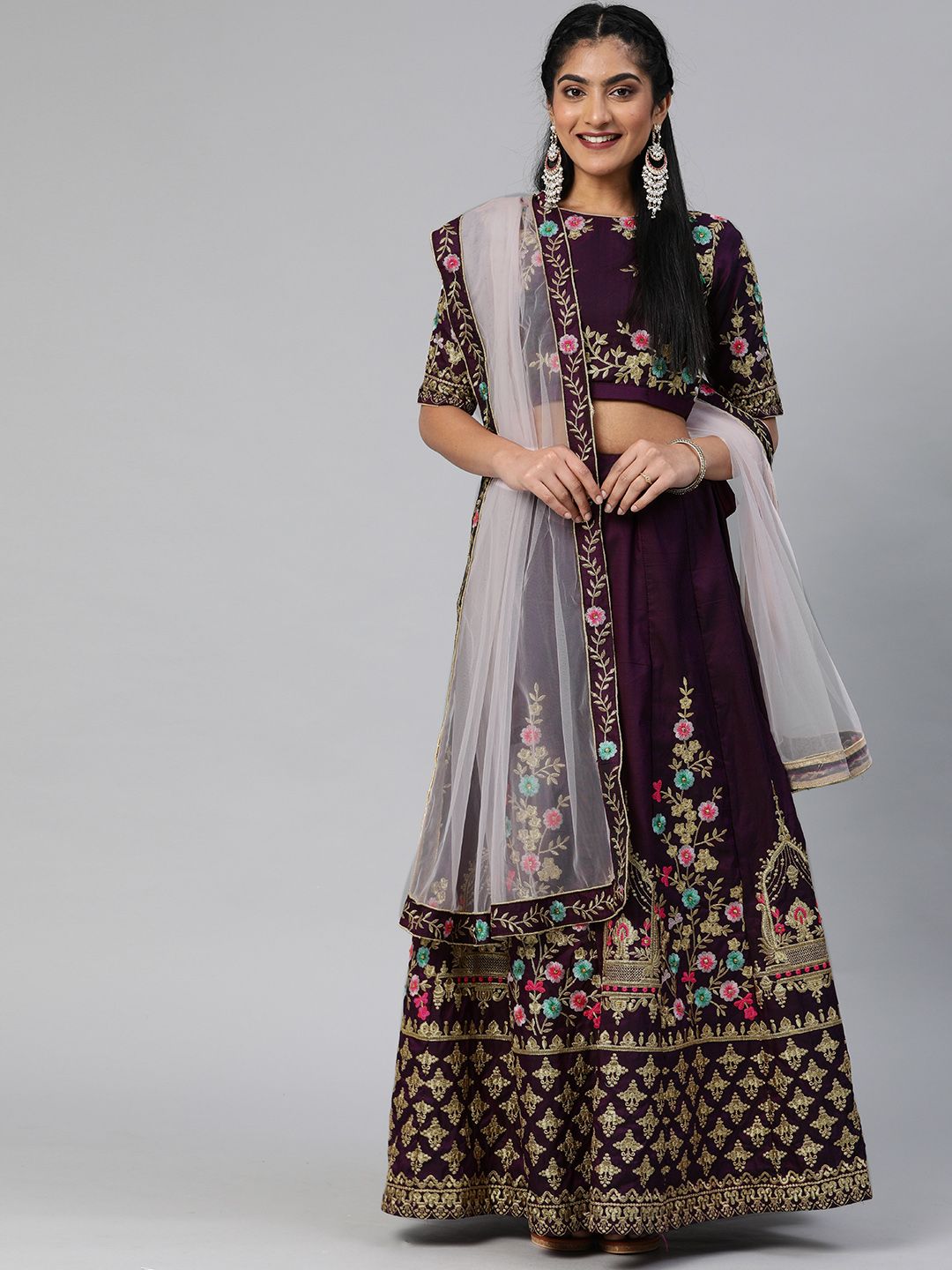 Mitera Purple & Gold-Toned Embroidered Semi-Stitched Lehenga & Blouse with Dupatta Price in India