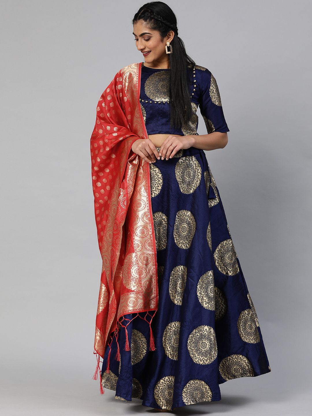Mitera Navy Blue & Gold-Toned Semi-Stitched Lehenga & Unstitched Blouse with Dupatta Price in India