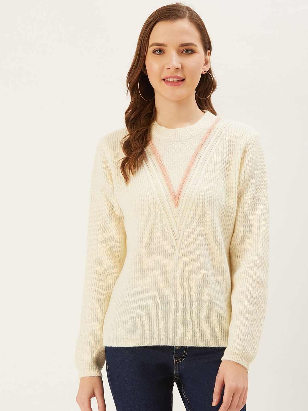 Madame Women Off-White Ribbed Pullover Price in India