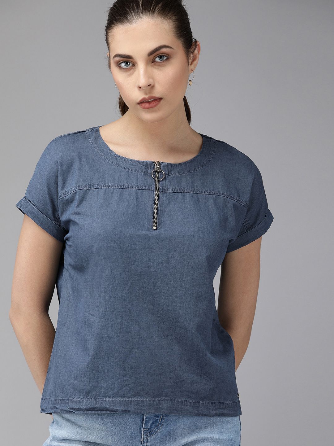 Roadster Women Navy Blue Solid Denim Top