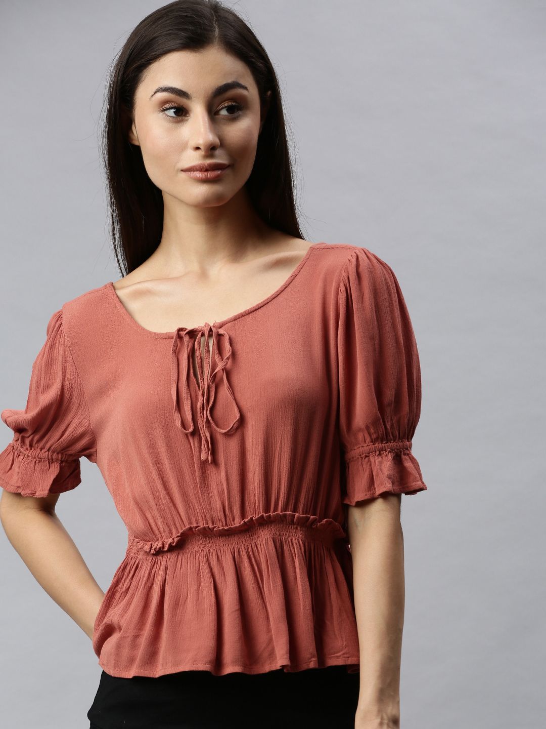 ONLY Women Rust Red Solid Gathered Peplum Top with Tie-Up Neck