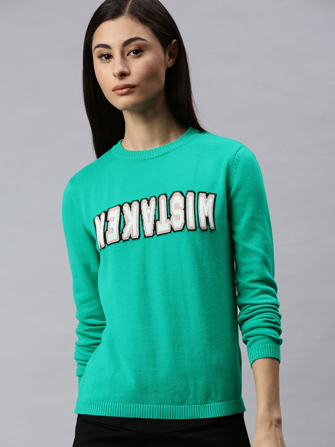 ONLY Women Green Printed Pullover Sweater Price in India