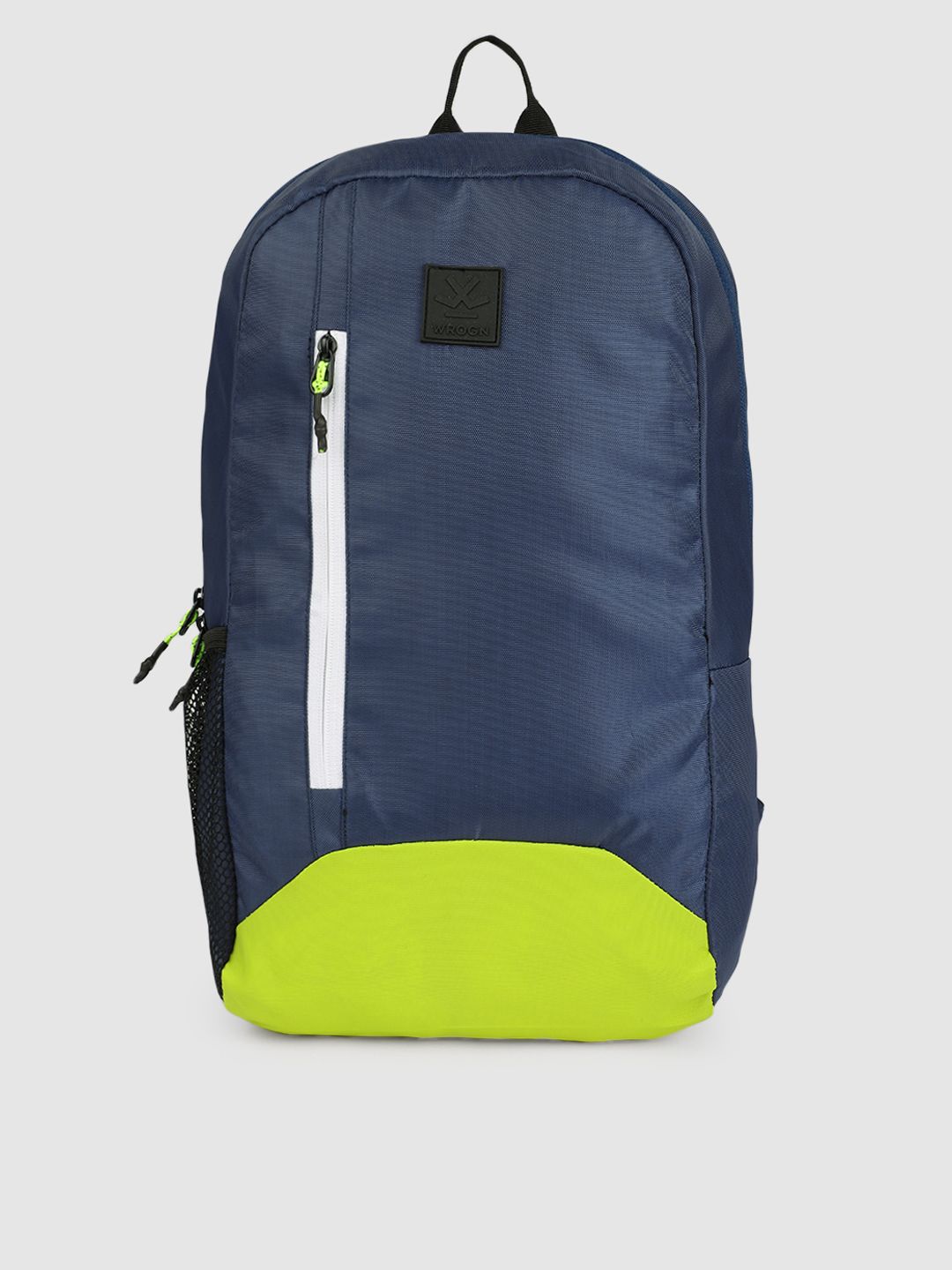 WROGN Unisex Navy Blue & Lime Green Colourblocked Pyramid Backpack Price in India