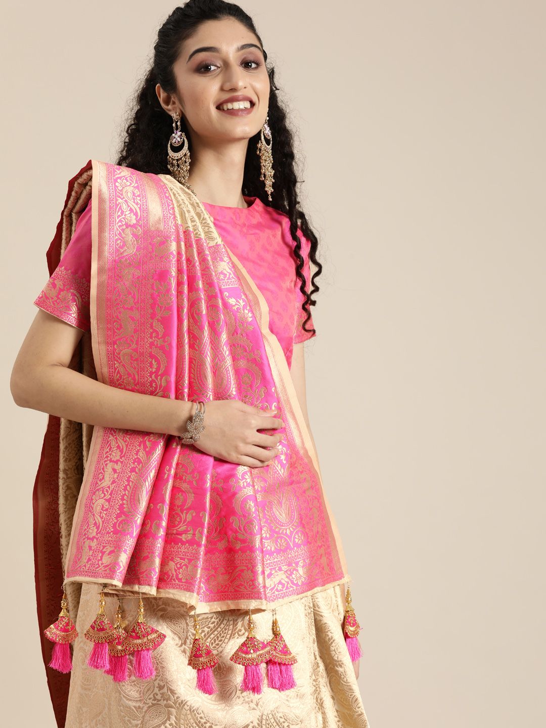 Inddus Golden & Pink Silk Blend Woven Design Banarasi Saree